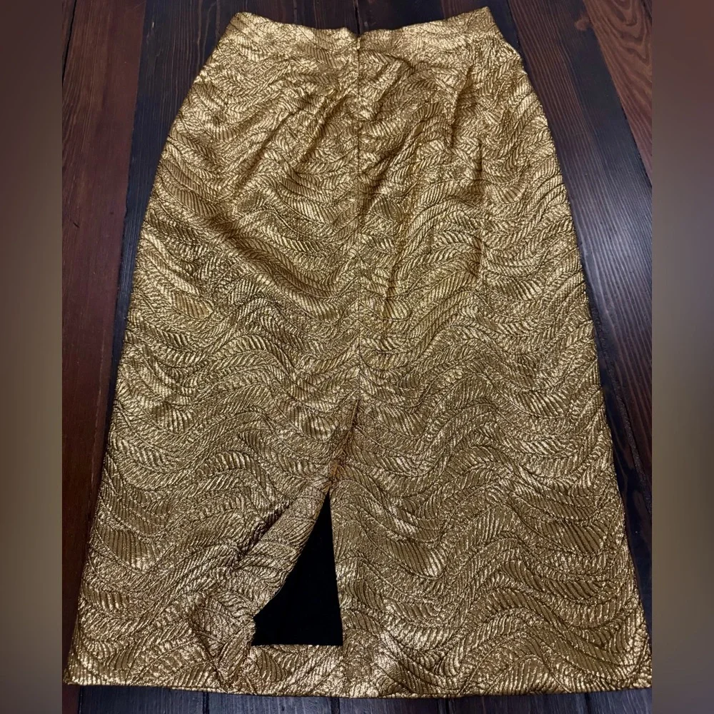 J. Crew Collection Pencil Skirt in Gold Metallic Leaf Jacquard, Size 2